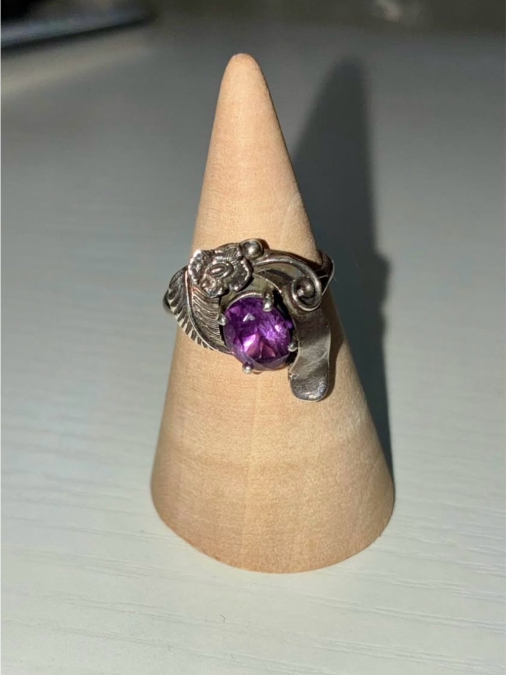 Sterling Floral Ring with Purple Gemstone
